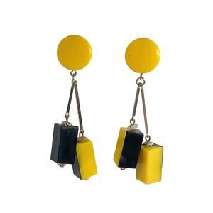 1960s Western Germany Yellow & Black Plastic Rectangle Circl Mod Dangle Earrings